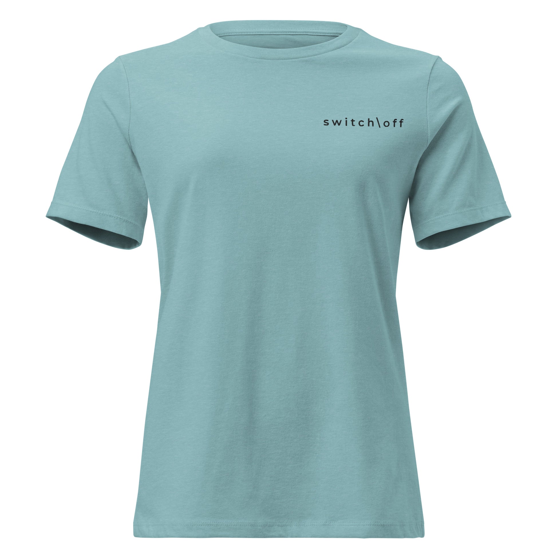 Women's Soft Relaxed 100% cotton pre-shrunk t-shirt in blue lagoon with black switch\off embroidery - An Athlete Trains