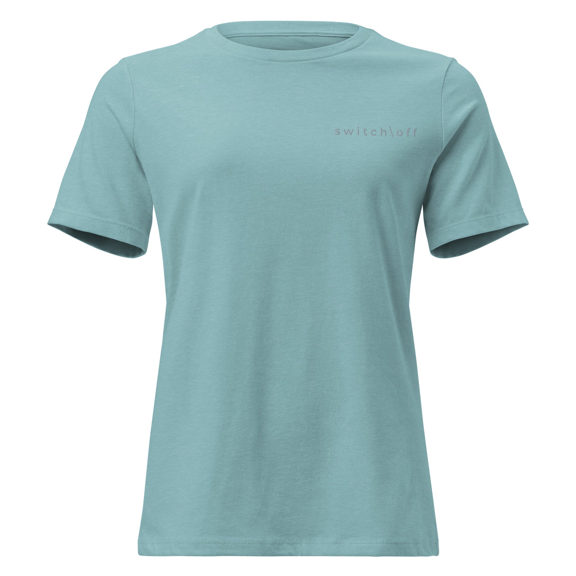 Women's Soft Relaxed 100% cotton pre-shrunk t-shirt in blue lagoon with gray switch\off embroidery - An Athlete Trains