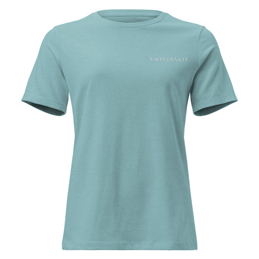 Women's Soft Relaxed 100% cotton pre-shrunk t-shirt in blue lagoon with white switch\off embroidery - An Athlete Trains