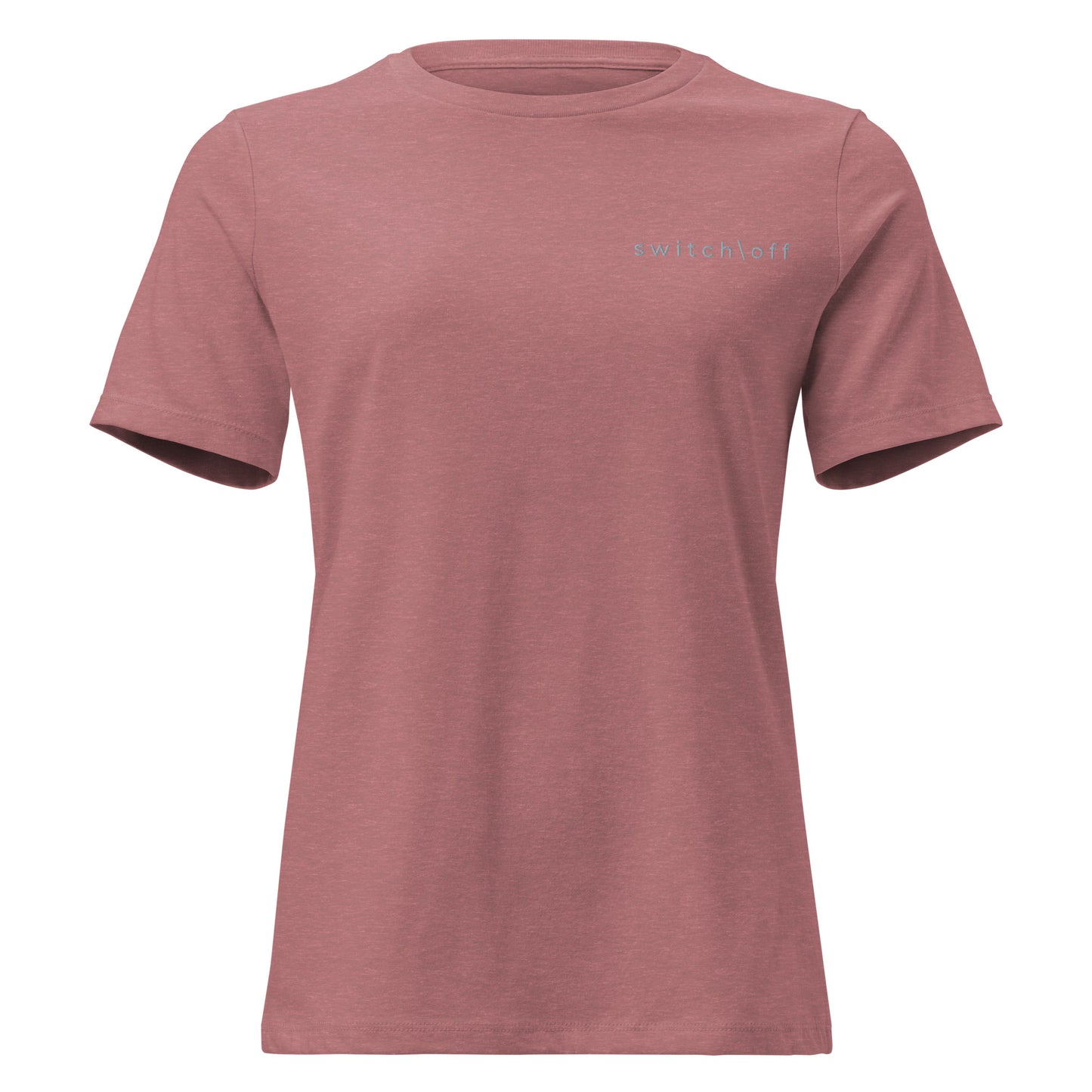 Women's Soft Relaxed 100% cotton pre-shrunk t-shirt in heather mauve with gray switch\off embroidery - An Athlete Trains