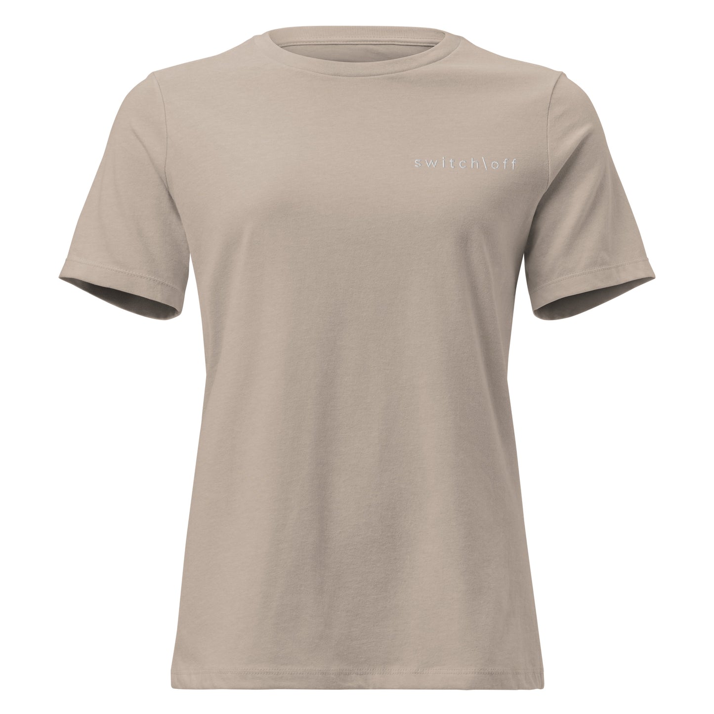 Women's Soft Relaxed 100% cotton pre-shrunk t-shirt in heather stone with white switch\off embroidery - An Athlete Trains