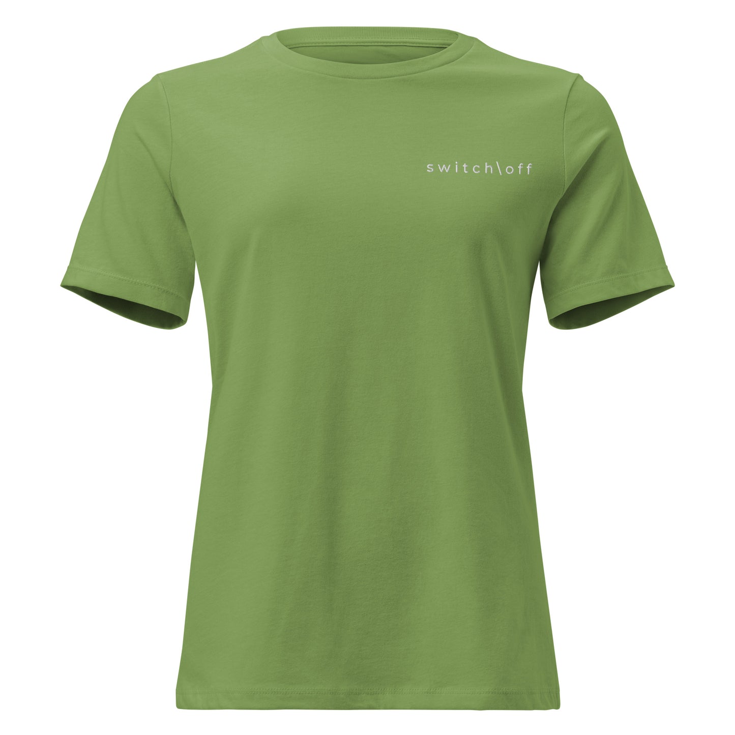 Women's Soft Relaxed 100% cotton pre-shrunk t-shirt in leaf green with white switch\off embroidery - An Athlete Trains