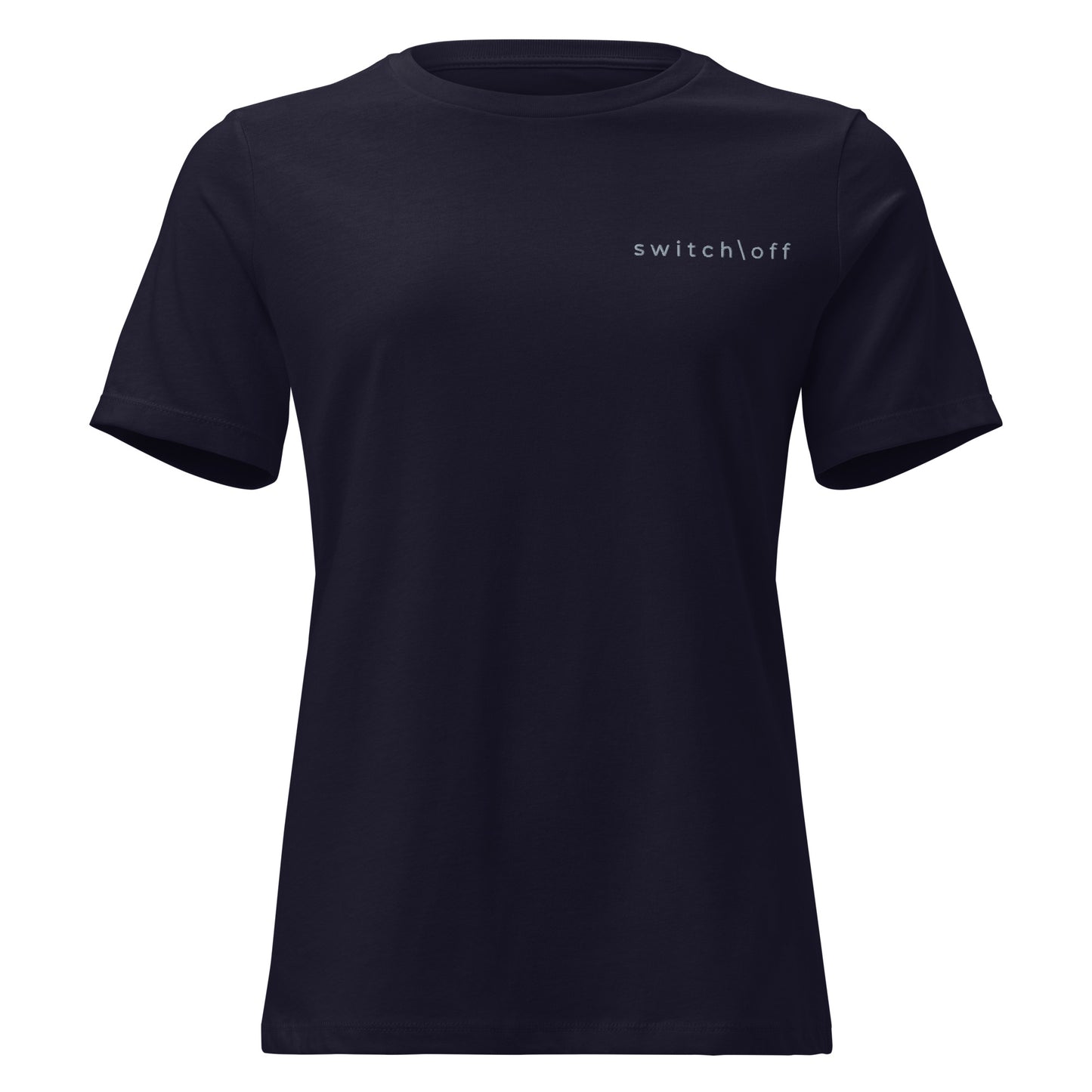 Women's Soft Relaxed 100% cotton pre-shrunk t-shirt in navy with gray switch\off embroidery - An Athlete Trains