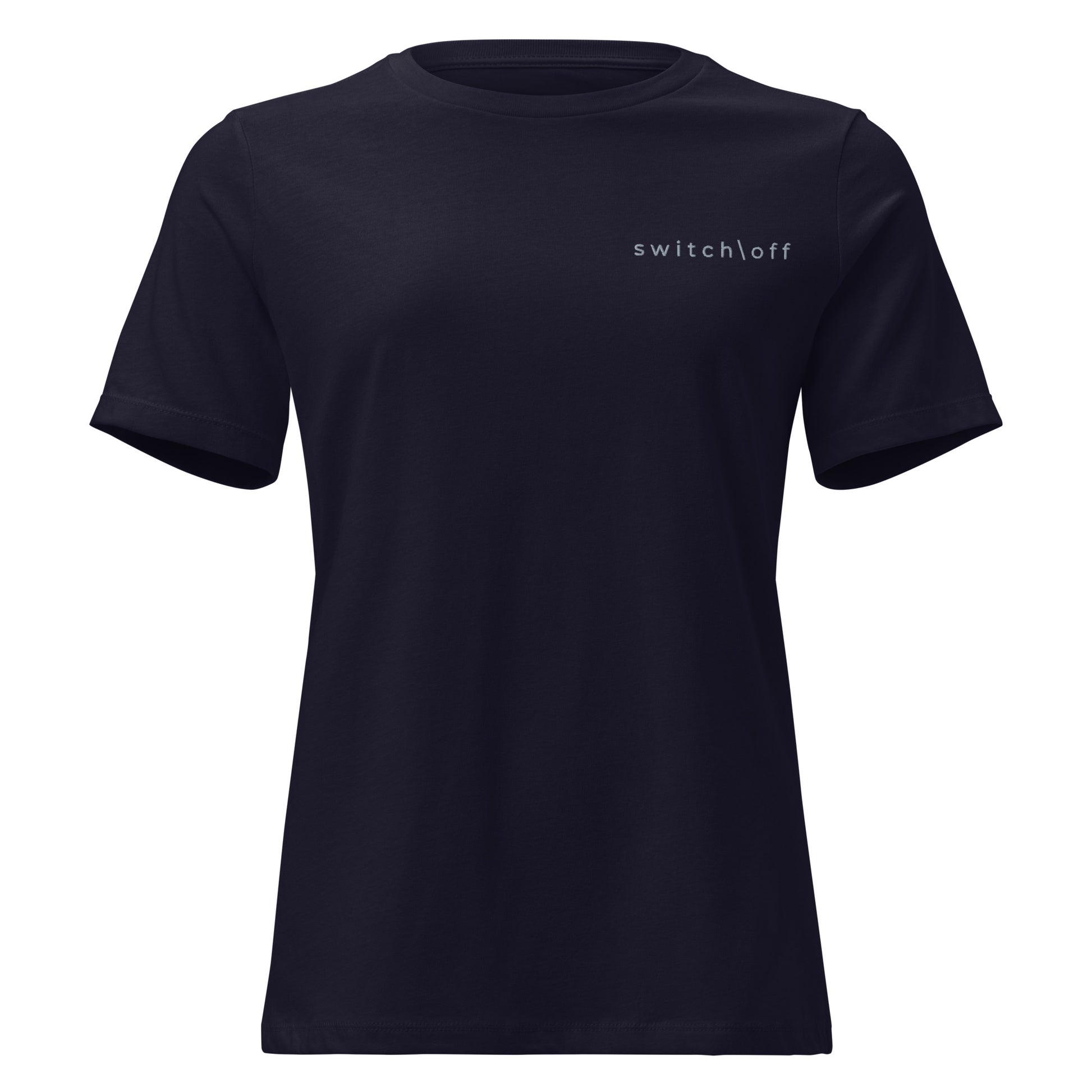 Women's Soft Relaxed 100% cotton pre-shrunk t-shirt in navy with gray switch\off embroidery - An Athlete Trains