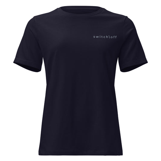 Women's Soft Relaxed 100% cotton pre-shrunk t-shirt in navy with gray switch\off embroidery - An Athlete Trains