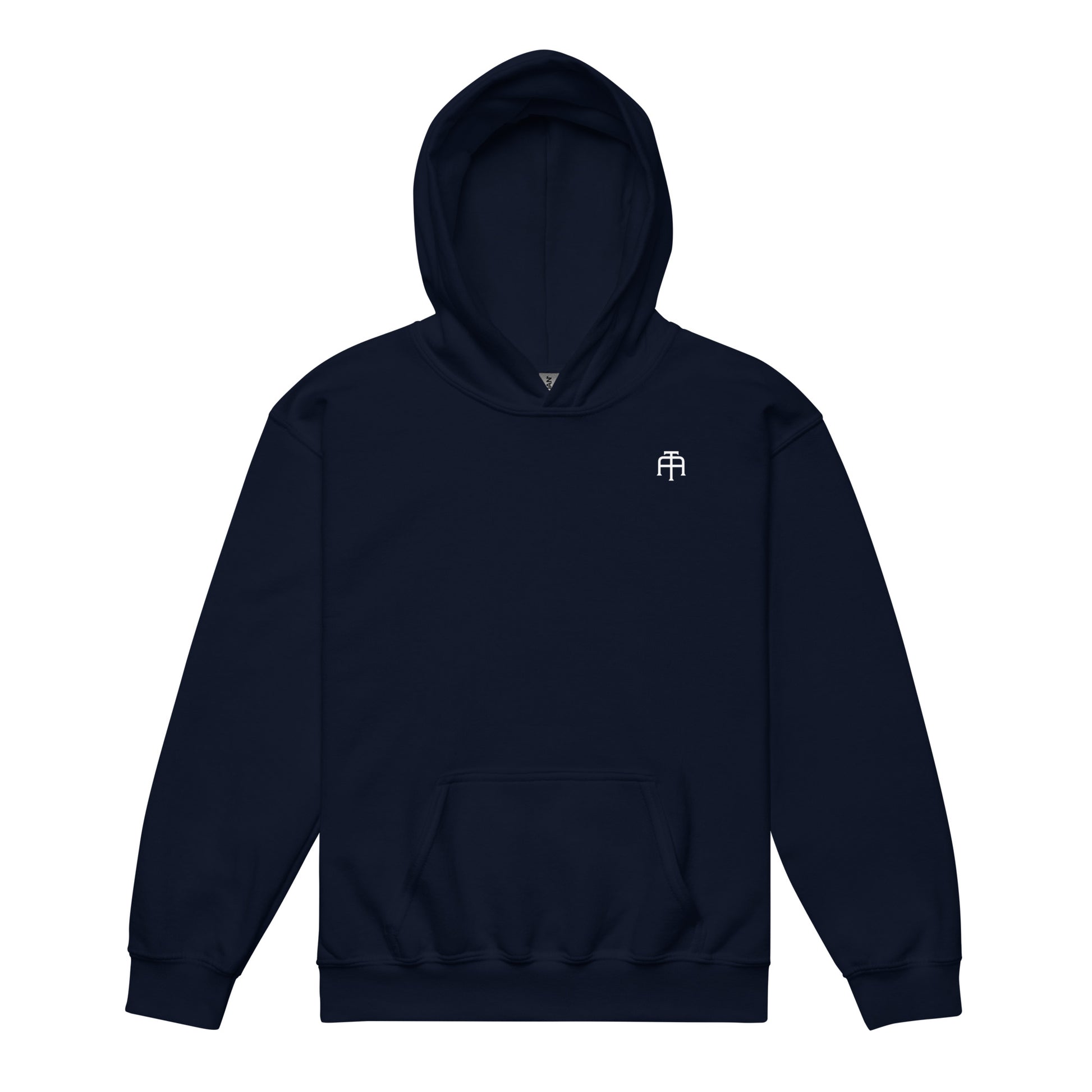 Navy Unisex youth heavy blend midweight hoodie by An Athlete Trains made from breathable cotton and tough polyester. No drawcords for safety 