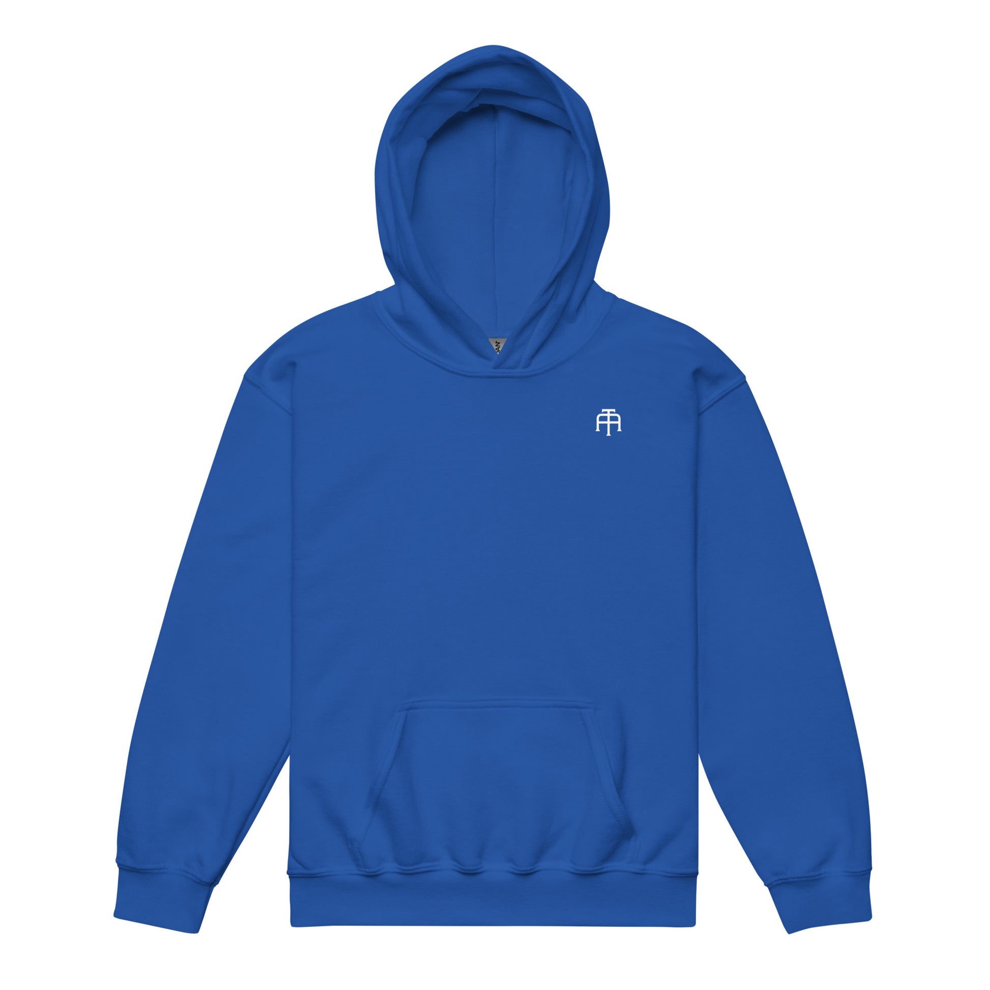 Royal blue Unisex youth heavy blend midweight hoodie by An Athlete Trains made from breathable cotton and tough polyester. No drawcords for safety 